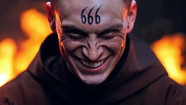 A man with the number 666 on his forehead and flames behind him. Mark of the beast illustration