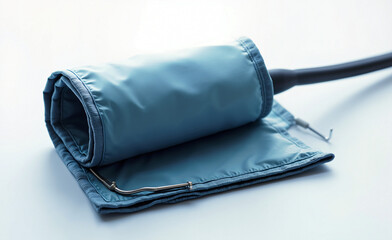 Rolled blue blood pressure cuff with tubing on white background, medical sphygmomanometer accessory in clean studio lighting.