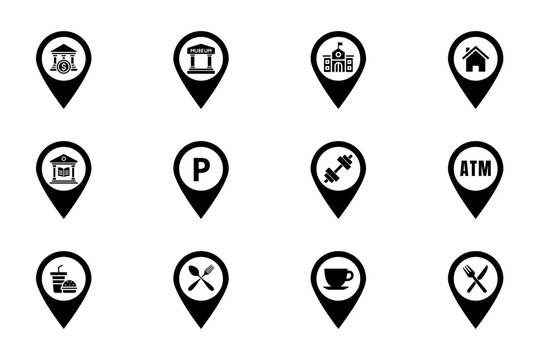 Public facility location pointer set on white background. Symbol of museum, bank, ATM, parking, fitness, restaurant, coffee shop, school, public facilities. Set vector line icons of public facility