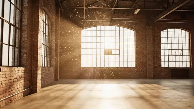 An empty, sun-drenched industrial loft interior with exposed brick walls and high ceilings. Golden light streams through large, grid-paned windows, highlighting dancing dust particles and creating cap