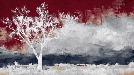 赤い空と白い木