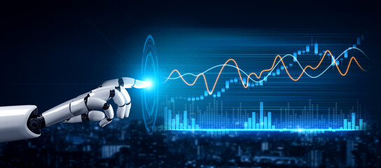 A sleek robotic hand interacts with vibrant stock market data, representing financial growth and technology in a modern urban setting during nighttime. Scalp