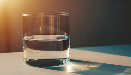 Glass of clear fresh water on a table in sunlight