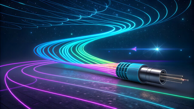High-speed fiber optic data transmission with colorful light trails symbolizing digital connectivity - Powered by Adobe