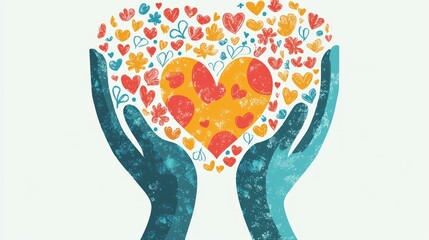 Two hands holding a heart-shaped object filled with colorful hearts, set against a white background with a subtle gradient.