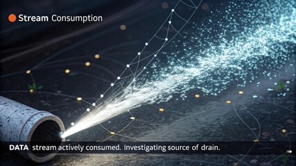 Abstract network of glowing data particles with interconnected nodes amidst a dark digital background, representing technological flow and analysis.