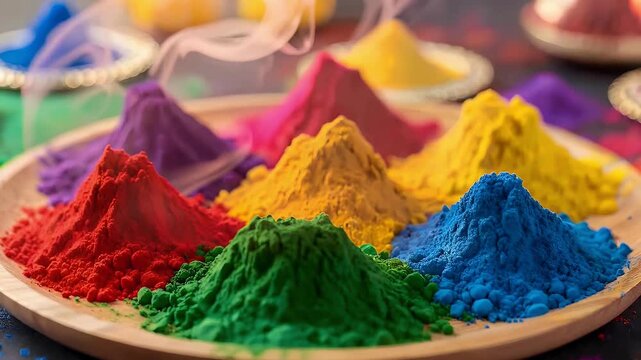 Vibrant piles of colorful gulal powder arranged on a wooden plate, ready for the festive celebration of Holi.