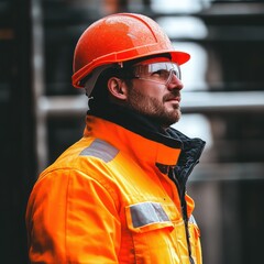A construction worker in an orange hard hat and safety glasses, standing in front of a construction site with a blurred background.