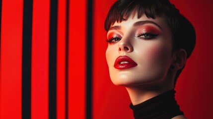 A woman with short hair, wearing a black choker, poses against a red background with vertical stripes.