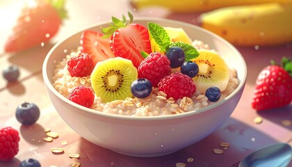 A close-up view of a healthy breakfast bowl. It features a delightful assortment of fresh fruits atop a bed of creamy oats