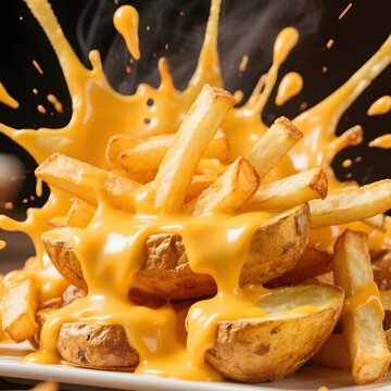 4k high quality Ai generative HD photo realistic background wallpaper food fried French fries explode explosive hot flame mashed potatoes cheese sauce potato chip