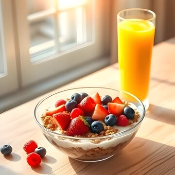 오렌지주스와 요거트 그래놀라 딸기와 블루베리orange juice and yogurt granola strawberry and blueberry