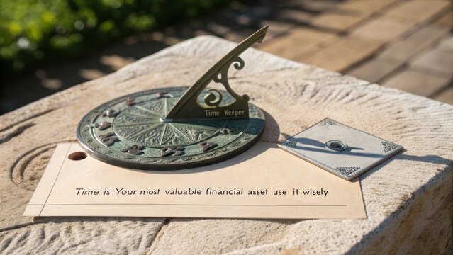 Intricate antique brass sundial casting a sharp shadow on a textured surface