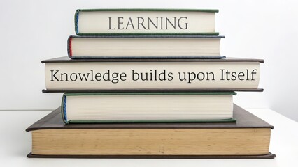 Neatly stacked books with the word LEARNING visible on the top volume, representing education and knowledge.