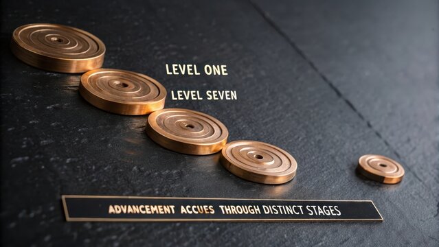 Polished bronze disks arranged in structured levels on a textured dark surface, illustrating conceptual advancement through distinct stages