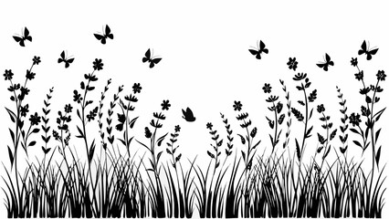 Black silhouettes of butterflies and flowers in a field