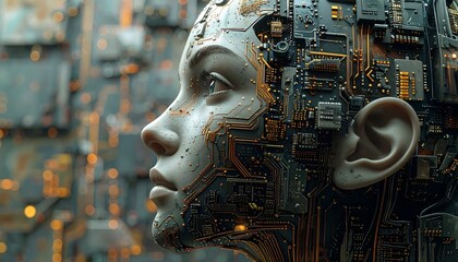 Close-up of a human-like cyborg head with circuits