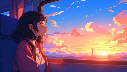 Anime-style illustration of a girl gazing out a train window at a stunning sunset. The sky is filled with vibrant orange and blue hues