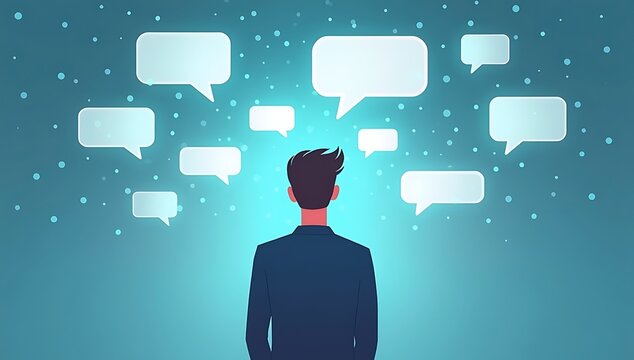 Editorial illustration of a person surrounded by glowing chat bubbles that never touch them, symbolizing emotional isolation in a hyperconnected digital world, modern flat vector style, soft cool 