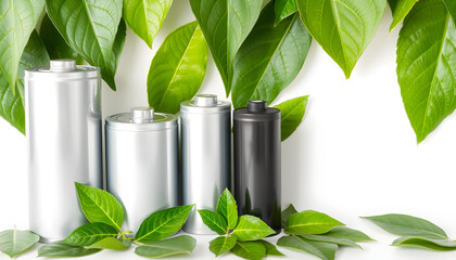 A collection of rechargeable batteries in various sizes placed beside green leaf symbols, emphasizing the theme of sustainability and energy storage solutions. High quality