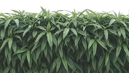 A dense, horizontal hedge of lush green leaves with elongated pointed shapes creating a natural, textured backdrop on a white background Keywords