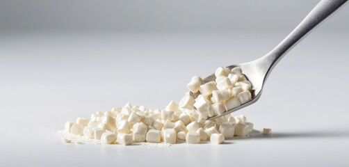 A metal spoon lifts small white irregular cubes from a scattered pile on a pristine white surface Fine powder is visible