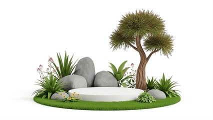 A serene miniature garden scene featuring a white circular podium surrounded by lush green grass, smooth grey stones, and delicate pink and yellow