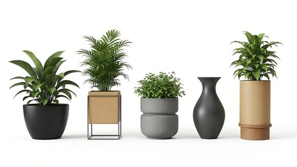 Five diverse potted plants in various modern containers including a black pot, a geometric stand, a grey pot, a vase, and a beige cylinder on a
