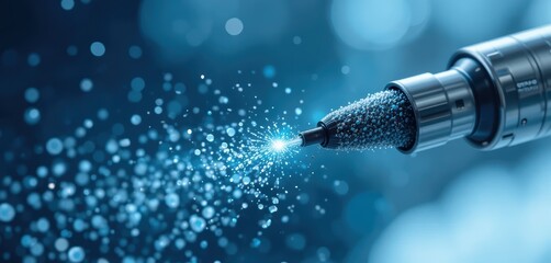 Metallic scientific instrument with granular material emits a luminous blue light beam and sparkling particles