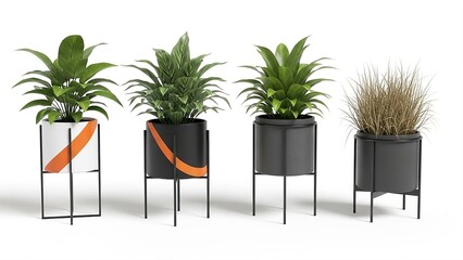Four diverse potted plants in modern planters with geometric and natural foliage on a white background Keywords: potted plants, indoor plants