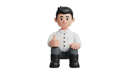 3D Cartoon Man Thumbs Up Gesture Sitting Down on transparent background