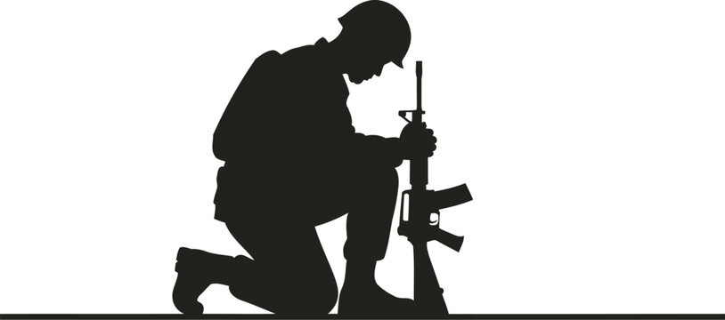 Soldier kneeling with rifle in tactical stance on beige background