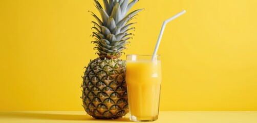 Ripe pineapple with a green crown and a glass of juice with a white straw against a bright yellow backdrop