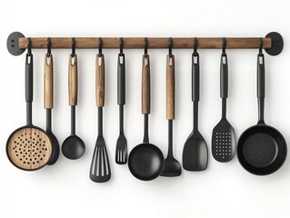 Kitchen utensils arrayed on a wooden rack against a bright white background