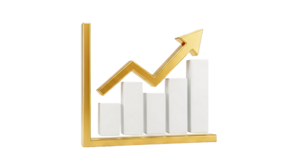 3D Gold Arrow Graph Upward Trend on transparent background