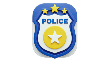 3D police badge with stars and word police on transparent background