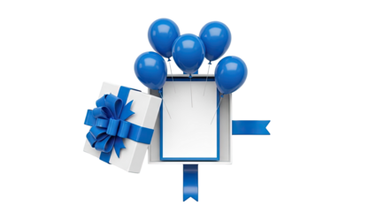 3D Gift Box with Blue Balloons and Blank Card on transparent background