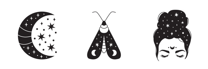 Mystical set with crescent moon and stars, night moth with lunar symbols, and messy bun face with cosmic hair. Minimal boho occult illustrations for tattoos, prints, logos, spiritual design.
