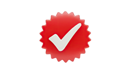 3D Red Badge with White Checkmark on transparent background