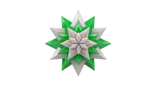 3D Geometric Star Ornament with Green and White Layers on transparent background - Powered by Adobe
