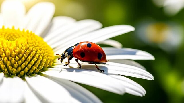 Ladybug on daisy flower with blurred green background, close up shot, nature imagery