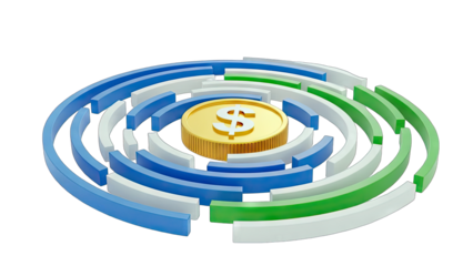 3D Gold Coin With Dollar Symbol Surrounded by Circular Maze on transparent background