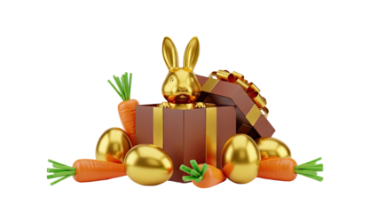 3D Golden Easter Bunny and Eggs in Gift Box with Carrots on transparent background