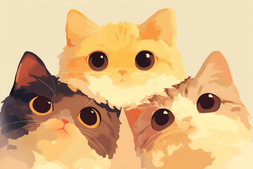 Three cute anime style cartoon cats