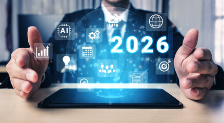 Digital icons, analytics symbols, and glowing number 2026 representing business goals, innovation, and market growth Parse