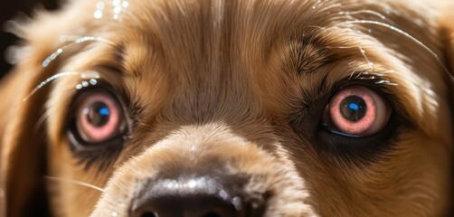 Extreme close up of a brown dog's face wide pinkish eyes reflecting blue light with sparkling fur