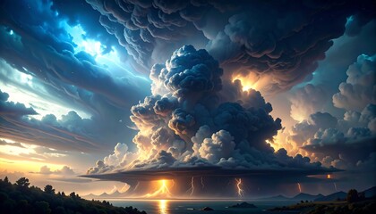 A dramatic cloudscape features a colossal, illuminated storm over a body of water. Thunder and lightning illuminate the sky