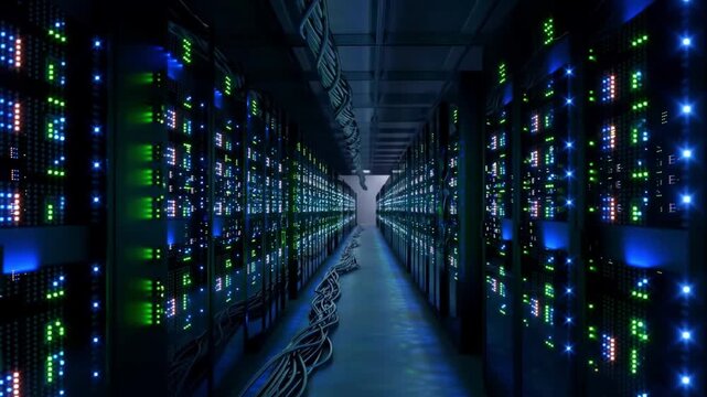 A 24-hour operations timelapse of a data center with server racks processing information flows and network activity pulsing continuously, concept of uninterrupted business operations and digital infra