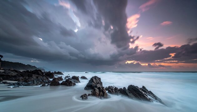 A coastal landscape at dusk showcases a streaked sky above ocean waves and rocky shoreline with long exposure - Powered by Adobe