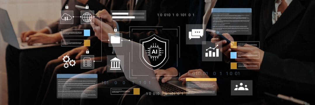 Business professionals focus on technology in a modern workspace, showcasing artificial intelligence symbols and data analytics to enhance corporate interactions. Gantry - Powered by Adobe